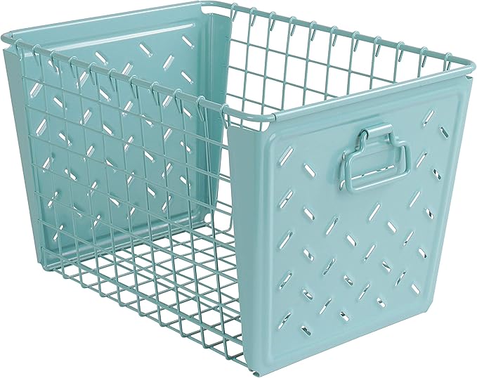 Spectrum Diversified Macklin, Stamped Steel & Wire Basket for Closet & Cubby Storage Vintage-Inspired Design with Customizable Label Plate, Medium, Teal, 1 Count (Pack of 1)