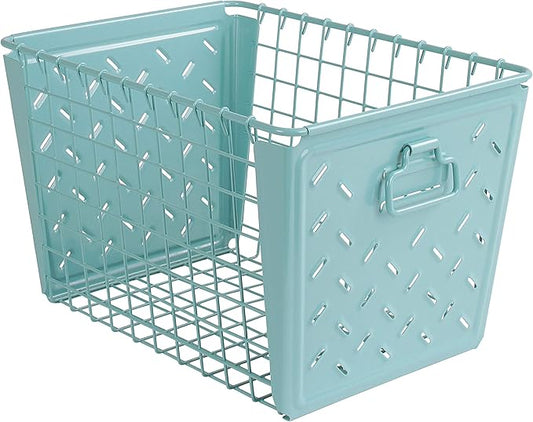 Spectrum Diversified Macklin, Stamped Steel & Wire Basket for Closet & Cubby Storage Vintage-Inspired Design with Customizable Label Plate, Medium, Teal, 1 Count (Pack of 1)