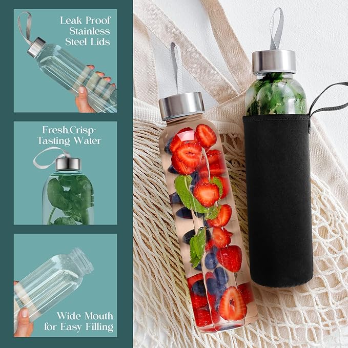 32 oz Glass Water Bottle Set of 6 - Glass Water Bottles Caps & Sleeve, Reusable Glass Bottle Lids, Clear Glass Bottles, Refillable Glass Juice Bottles for Juicing, Juicer Bottles