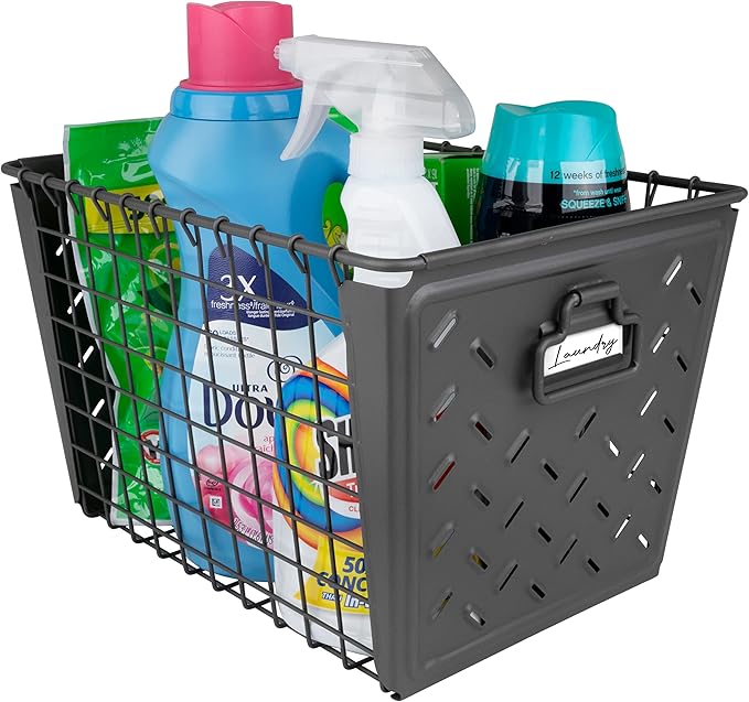 Spectrum Diversified Macklin, Stamped Steel & Wire Basket for Closet & Cubby Storage Vintage-Inspired Design with Customizable Label Plate, Medium, Industrial Gray, 1 Count (Pack of 1)