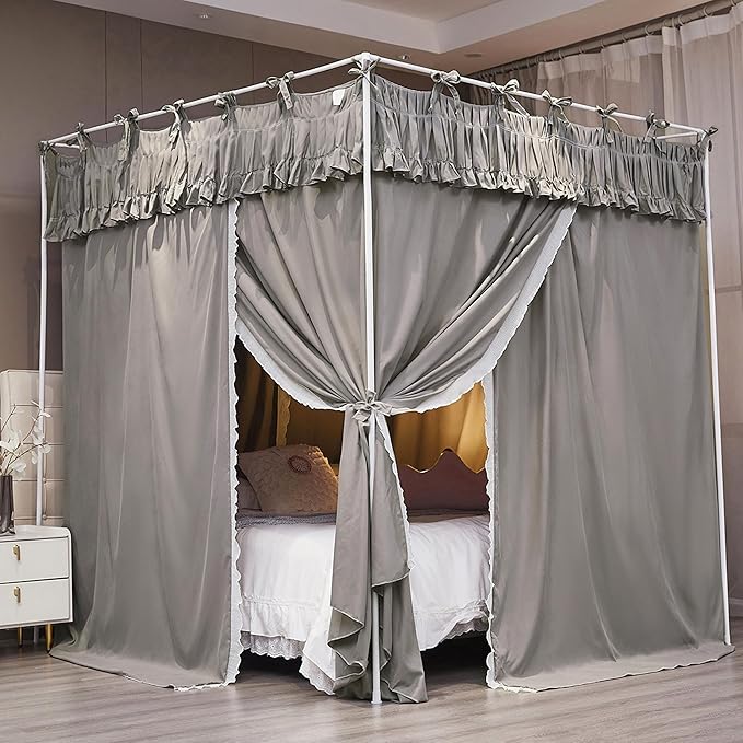 Ruffle Lace up 4 Corners Post Princess Curtain Bed Canopy Cozy Breathable Mosquito Net Cloth for Girls Adults Bedroom Decoration (Grey, 59" W*82" L*82" H/Queen)