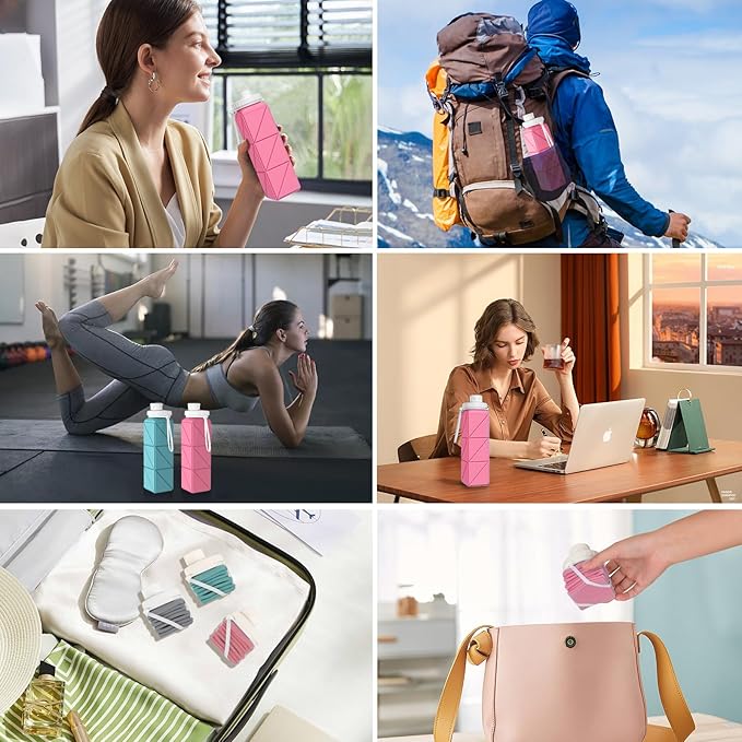 Collapsible Water Bottles,BPA-Free Leak-Proof Silicone Foldable Water Bottle Cup 20.6oz,Durable Lightweight Bottle for Gym Travel Camping Hiking Running (Pink)