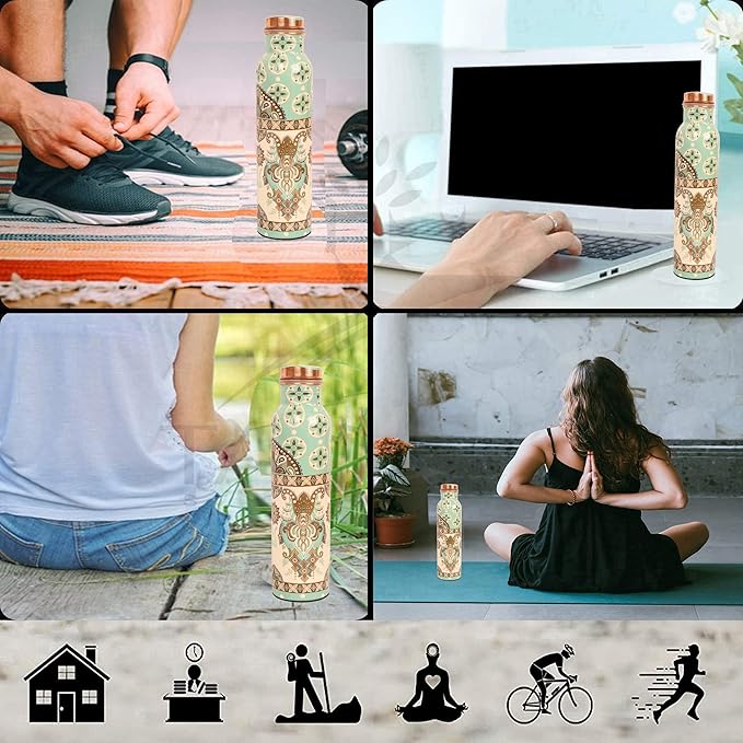 Pure Copper Water Bottle Handcrafted - Ayurveda health benefits - Large 35 oz - Leak proof, Easy to carry for Sports, Fitness, Yoga, School- Exemplary Royal Floral Patterns Sky Blue Enamel