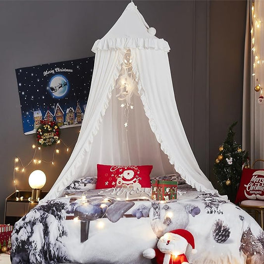 VETHIN Bed Canopy for Girls Kids,Princess Round Dome Children Dreamy Mosquito Net Bedding Girls Room Castle Play Tent Hanging House Decor Reading Nook Canopies (White)