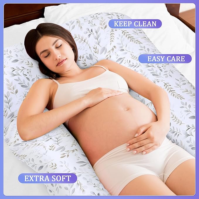 Floral Soft Pregnancy Pillow Cover (ONLY Pillowcase), U Shaped Luxurious Velvet Maternity Pillow Cover with Hidden Zip, Warm Large Pillow Protector for Side Sleeper, White, 59x31 in