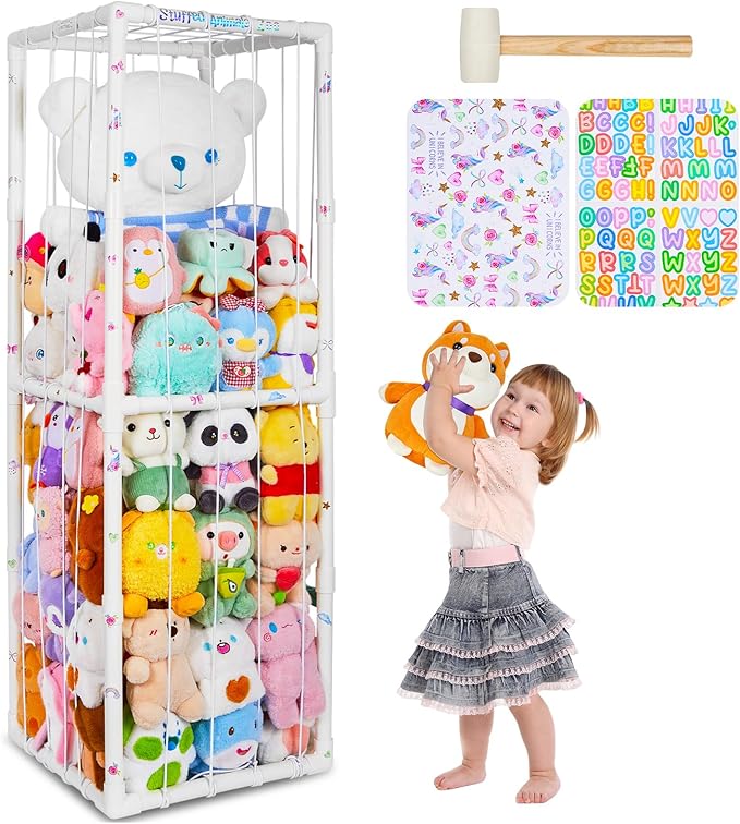 FIOBEE Stuffed Animals Storage Zoo Thicken PVC Tube Kids Toy Storage Organizer with Elastic Band Large Stuffed Animals Holder for Nursery Playroom Bedroom Room Furniture Plush Storage, White