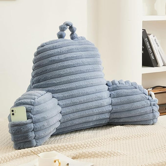 Faux Fur Fluffy Dusty Blue Reading Pillow with Pockets, Luxury Striped Plush Decorative, Arm Rests and Back Surport for Bed Rest, Lounging on sofa, Standard