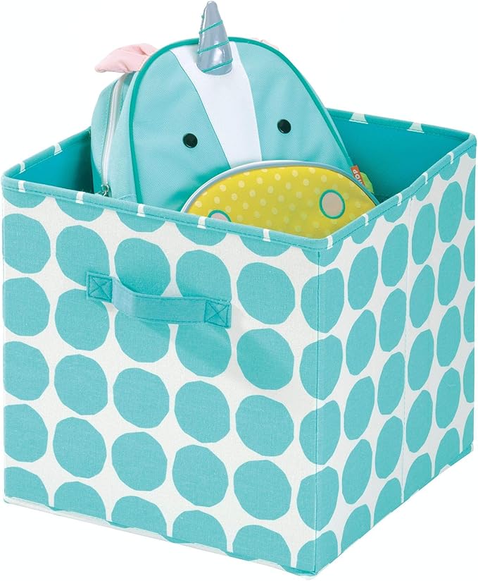iDesign Dot Fabric Storage Cube Bin, Medium Basket Container with Dual Side Handles for Closet, Bedroom, Toys, Nursery - Teal