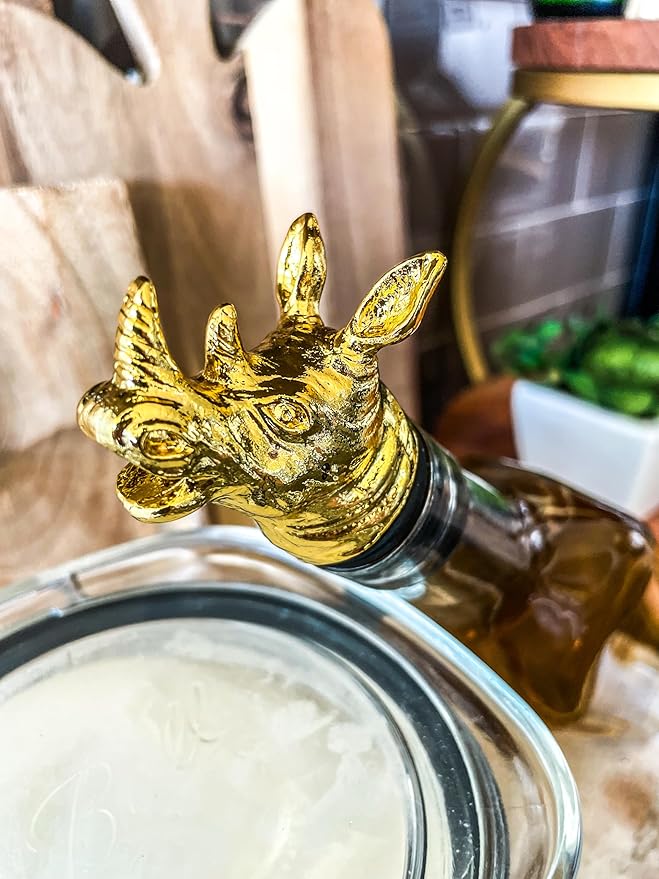 Wine & Olive Oil Pourer | Gold Color Stainless Steel | Bottle Stopper Aerator for Whiskey and Liquor | Decanter and Bar Tools Accessories and Gift Set Ideas for Her and Him (RHINO)