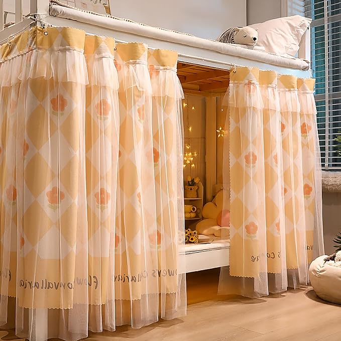 Beautiful Gauze Bunk Bed Curtains Drapes with Lace Privacy Bed Canopy for Bottom, 2 Panels, Orangeflower