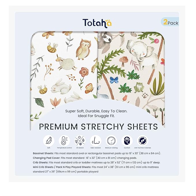 TotAha Crib Sheets for Boys Girls, Premium Soft Crib Mattress Fitted Sheet, Super Stretchy Jersey Knit Baby Sheets, Silky Comfort Baby Bed Sheets 28x52x9 Extra Deep Pocket, 2 Pack (Happy Zoo & Jungle)
