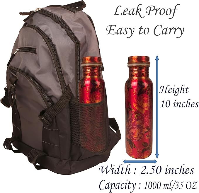 Pure Copper Water Bottle - Handcrafted - Ayurveda health benefits - Large 35 oz - Leak proof - Easy to carry for Sports, Fitness, Yoga, School - Red and Black Pretty Petals Motifs Enamel