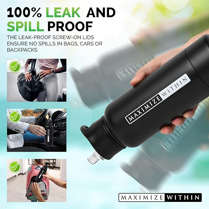 Double Wall Stainless Steel Water bottle with Dual lids (Straw & Spout) Hidden Compartment, Vacuum Insulated, Reusable. Black. 32 oz