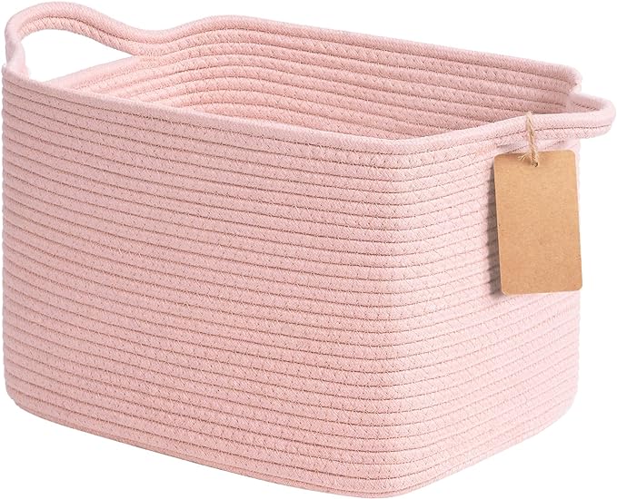 Goodpick Woven Storage Basket for Shelves, Small Baskets for Organizing, Rectangle Baby Nursery basket, Towel Baskets for Bathroom, Living Room, 13 x 10 x 9 Inches, Light Pink