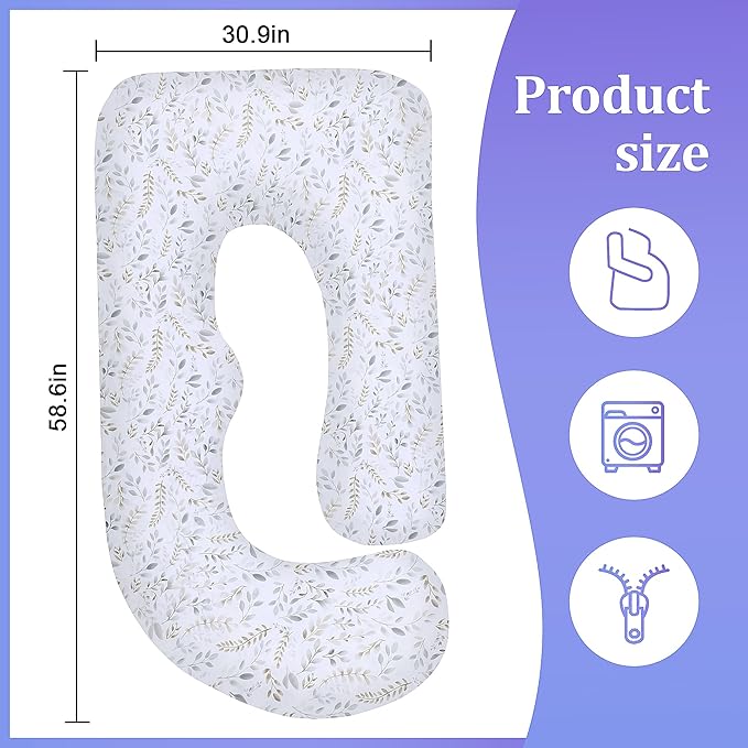 Floral Soft Pregnancy Pillow Cover (ONLY Pillowcase), U Shaped Luxurious Velvet Maternity Pillow Cover with Hidden Zip, Warm Large Pillow Protector for Side Sleeper, White, 58x32 in
