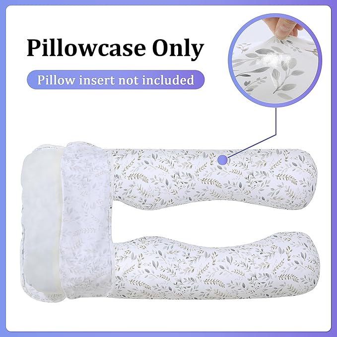 Floral Soft Pregnancy Pillow Cover (ONLY Pillowcase), U Shaped Luxurious Velvet Maternity Pillow Cover with Hidden Zip, Warm Large Pillow Protector for Side Sleeper, White, 61x31 in