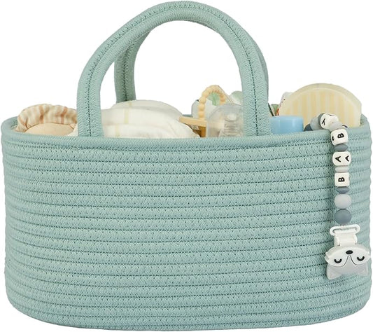 Diaper Caddy Organizer for Baby Cotton Rope Nursery Storage Bin Basket Portable Holder Tote Bag for Changing Table Car Travel Baby Shower Gifts Newborn Essentials Registry Must Haves Light Green