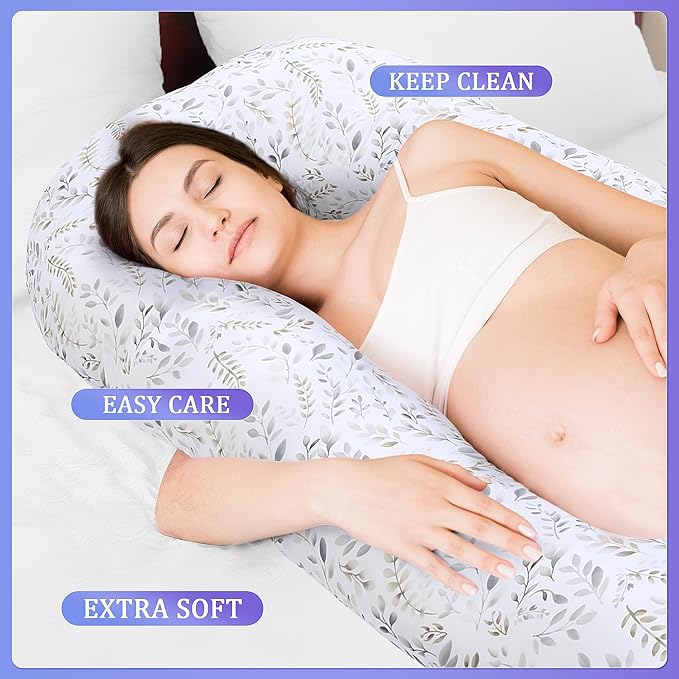 Floral Soft Pregnancy Pillow Cover (ONLY Pillowcase), U Shaped Luxurious Velvet Maternity Pillow Cover with Hidden Zip, Warm Large Pillow Protector for Side Sleeper, White, 58x32 in