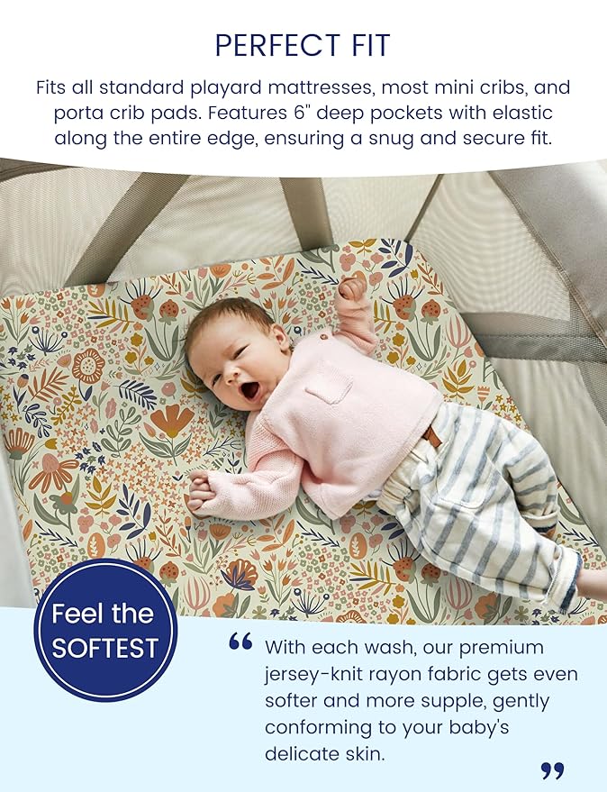 TotAha Premium Soft Pack n Play Sheets, Super Stretchy Jersey Knit Mini Crib Sheets Fitted, Silky Comfort Pack and Play Sheets Fitted, 2 Pack (Botanical Garden & Cute Bear)