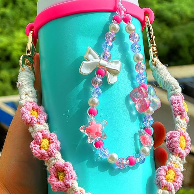 Mity rain Water Bottle Accessories Set for Owala, Including Water Bottle Handle Strap, Charms,Bohemian Style Personality and Easy to Carry (Pink, 24oz)