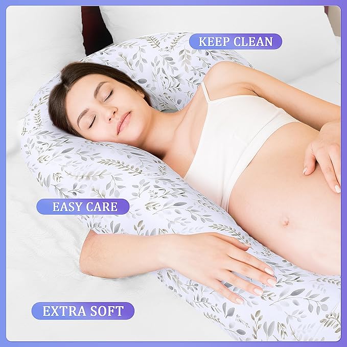 Floral Soft Pregnancy Pillow Cover (ONLY Pillowcase), C Shaped Luxurious Velvet Maternity Pillow Cover with Hidden Zip, Warm Large Pillow Protector for Side Sleeper, White, 60x34 in