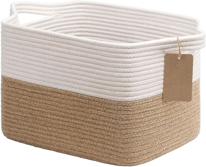 Goodpick Woven Storage Baskets for Organizing, Dog Toy Basket Medium Empty Gift Basket with Handles, Square Wicker Basket, White and Jute Storage Bin, 13.5 x 11 x 9.5 Inches