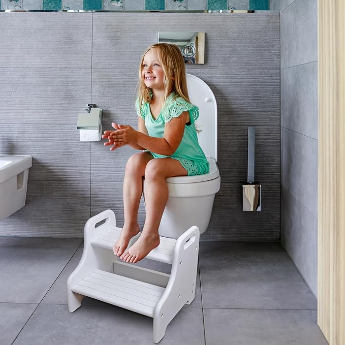 Wooden Step Stool for Kid Toddler, Potty Training for Children with 2 Built-in Handle 300lbs Load Capacity, Acacia Foot Stool Helps Your Kid Independently for Brushing, Grabbing Things (White)