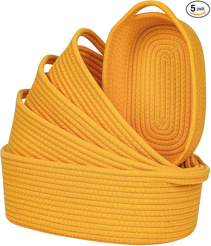 CubesLand Small Shelf Shelves Closet Basket,Woven Toy Basket Bin for Organizing,Storage Cube Organizer Basket Bin,Cute Rope Gift Basket,Back Shool Supplies,Over Toilet Storage Basket,Yellow 5-Piece