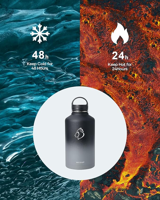 BUZIO Water Bottle with Straw lid, Spout Lid, Hand Lid and Carrying Pouch, 32oz 40oz 64oz Stainless Steel Water Flask Jug, Cold for 48 Hrs Hot for 24 Hrs Double Vacuum Thermo Canteen Mug, BPA-Free
