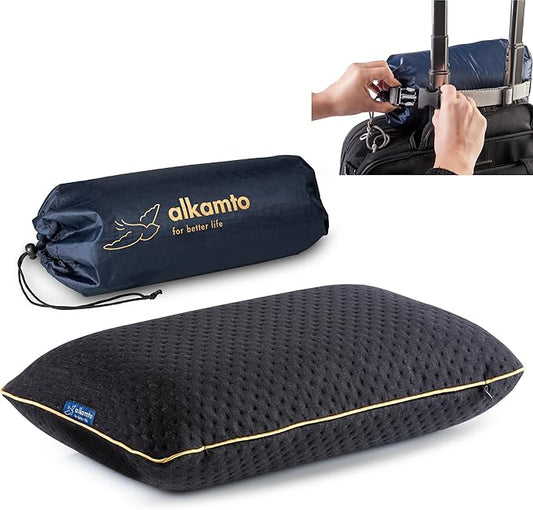 Travel & Camping Comfortable Memory Foam Pillow – Easy to Carry Portable Bag – Temperature Regulating Pillow Case (Black)