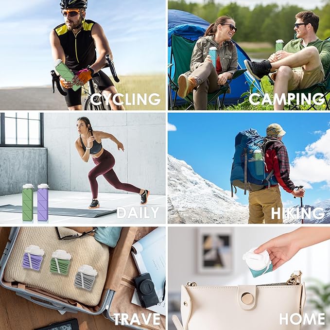 Collapsible Water Bottles 20.7oz Leakproof with Straw Lid Food-Grade BPA-Free Silicone Travel Foldable Water Bottles for Sports Office Gym Hiking Driving 610ML (Type2 Army Green)