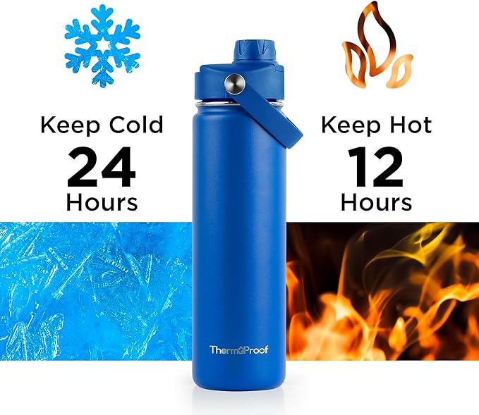 ThermoProof Hot & Cold Insulated Stainless Steel Water Bottle, Durable Leak Proof Gym Bottles for Men, Women & Kids, Double Walled Vacuum Bottles - 2 Lids (Blue, 22oz)
