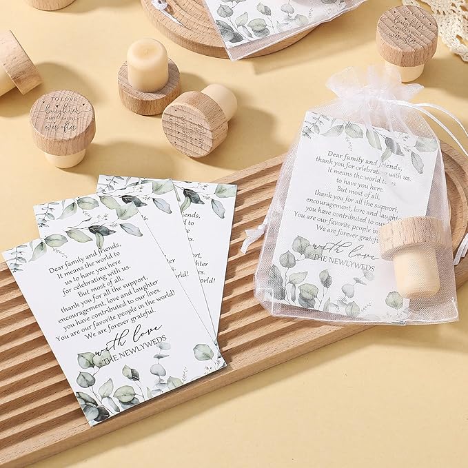 Barydat 50 Sets Wedding Favors for Guests Bulk Engraved Wood Wine Bottle Corks Wine Stopper with Wedding Thank You Cards and Organza Bags Wedding Appreciation Gifts for Guest Thank You Gifts (Novelty)