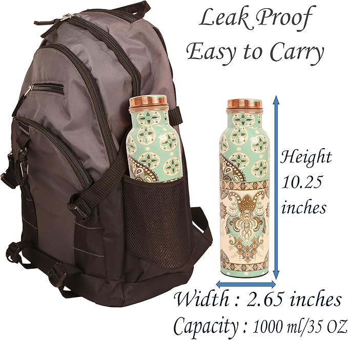 Pure Copper Water Bottle Handcrafted - Ayurveda health benefits - Large 35 oz - Leak proof, Easy to carry for Sports, Fitness, Yoga, School- Exemplary Royal Floral Patterns Sky Blue Enamel