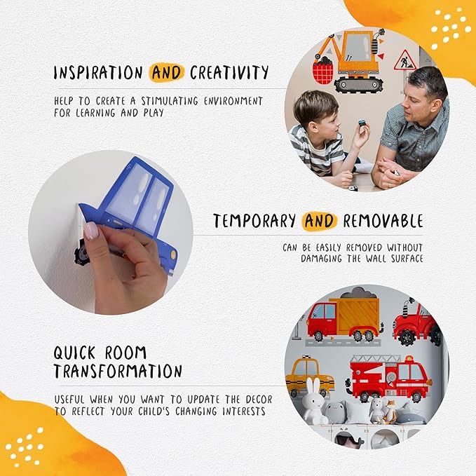 Large Car Wall Decals for Kids by Lipastick - 58 pcs Transports Wall Stickers Peel and Stick Truck Stickers - Wall Decals for Boys Kids Baby Room - Construction Cars City Wall Decor Removable M Size
