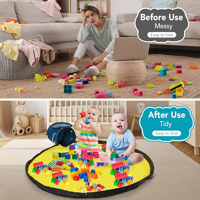 Toy Storage Basket and Play Mat for Kids - Foldable Toy Storage Organizer Bins with Lids - Kids Toy Box Chest for Building Blocks, Boys, Girls, Nursery, Playroom, 12.6''x12.6''x15.5''(Blue)