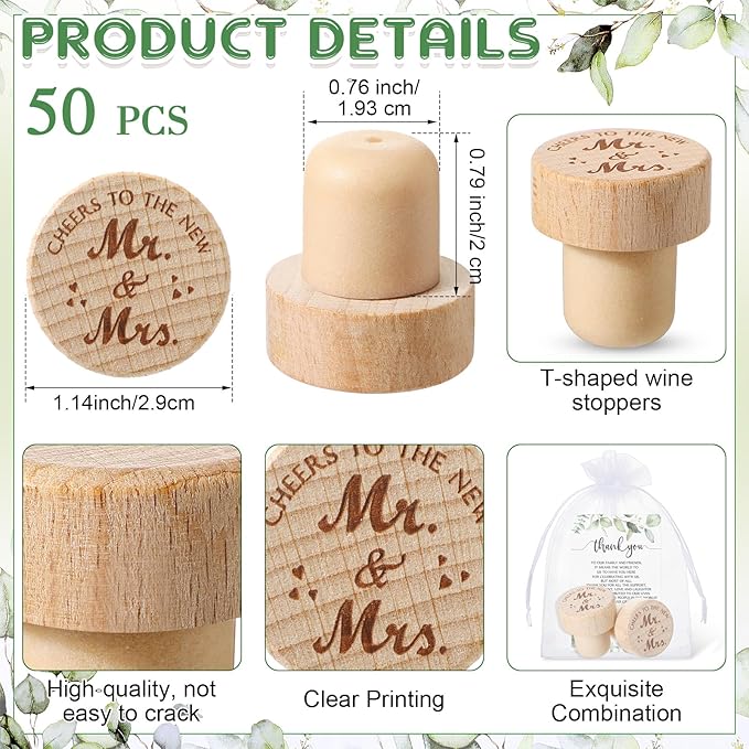 Barydat 50 Sets Wedding Favors for Guests Bulk Engraved Wood Wine Bottle Corks Wine Stopper with Wedding Thank You Cards and Organza Bags Wedding Appreciation Gifts for Guest Thank You Gifts (Classic)