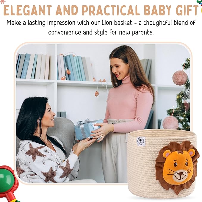 Lion Baby Basket - Charming Cotton Rope Nursery Basket, Cute Basket for Lion Nursery Decor and Toy Baskets for Kids Room, Decorative Animal Baskets for nursery