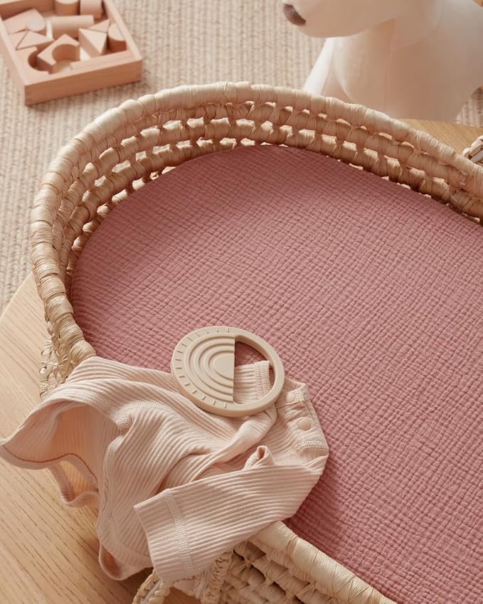 Blissful Diary Muslin Bassinet Sheets for Baby Girls Boys, Boho Soft Cotton Fitted for Oval Hourglass Rectangle Mattress, 2 Pack(Dusty Pink&Rainbow)