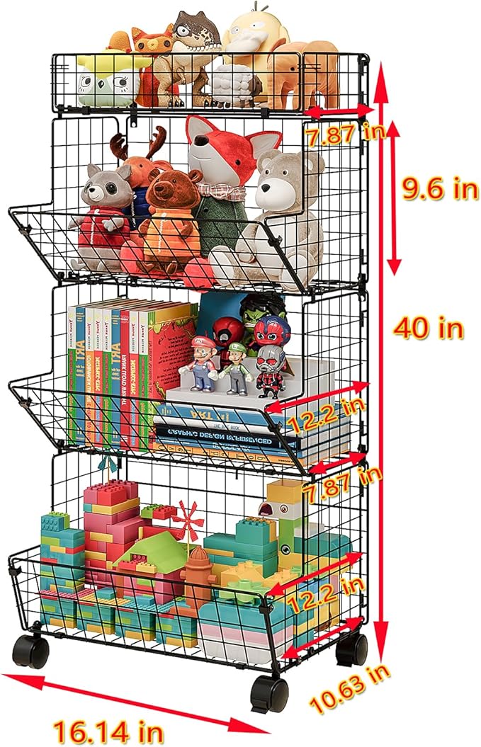 Bath Toy Storage Organizer, 4 Tier Rolling Outdoor Toy Storage, Wire Toy Organizer Kids Bookshelf for Playroom Bedroom (Black, Extra Large)