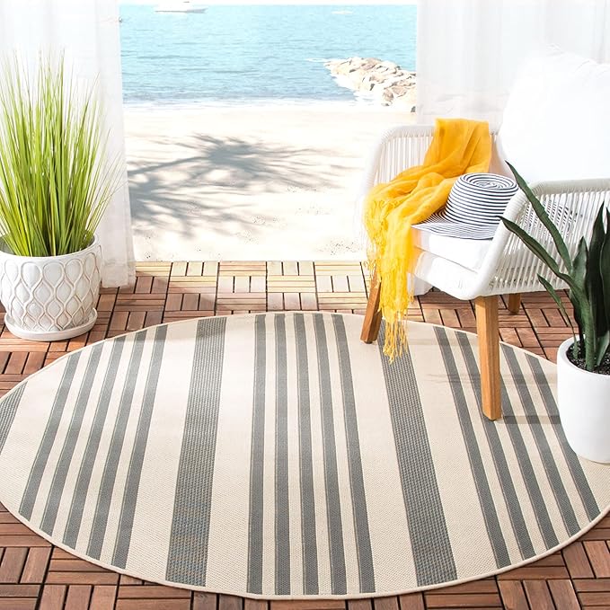 SAFAVIEH Courtyard Collection 7'10" Round Grey/Bone CY6062 Stripe Indoor/ Outside Waterproof Easy cleansingPatio Backyard Mudroom Area Mat