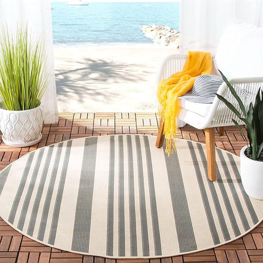 SAFAVIEH Courtyard Collection 7'10" Round Grey/Bone CY6062 Stripe Indoor/ Outside Waterproof Easy cleansingPatio Backyard Mudroom Area Mat