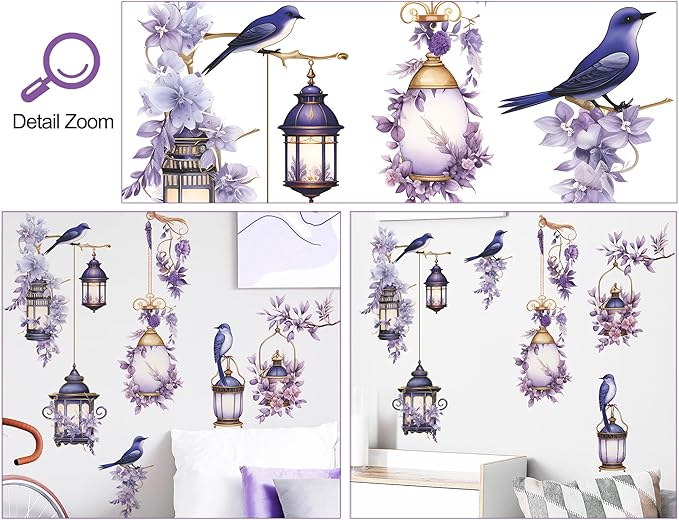 Removable 3D DIY Hanging Flowers Wall Decal Floral and Lamp Wall Sticker Peel and Stick Flower Vine Wall Decor for Kids Girls Bedroom Nursery Living Room Background Decoration (Purple)