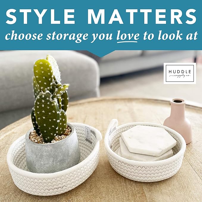 Small Basket Set - 2PC WASHABLE Small Storage Basket 100% Cotton Small Rope Basket 7.5" Small Woven Basket for Key Basket, Mini Basket, Kitchen Basket, Remote Basket (White, Small)