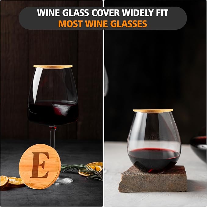 Personalized Wine Glass Charcuterie Topper - Custom Laser Engraved Initial Bamboo Wine Glass Topper Stopper Coasters Plate ID Identification Wine Glass Charcuterie Board Topper (Letter E)