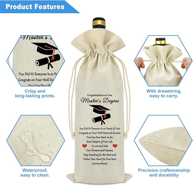 Master's Degree Gift Graduation Wine Gift Bags MSW Degree Gift Graduation Gifts for Her Him Masters Degree Gift Wine Bottle Cover Graduation Party Decorative Friend Sister Daughter Encouragement Gift