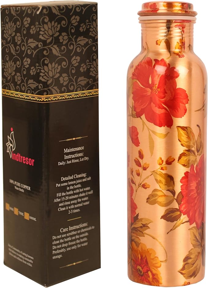 Pure Copper Water Bottle - Handcrafted - Ayurveda health benefits - Large 35 oz - Leak proof, Easy to carry for Sports, Fitness, Yoga, School - Natural Copper Finish Floral Colorful Enamel