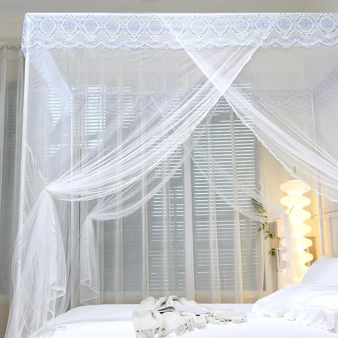Bed Canopy, Princess Bed Curtain Net for Girls & Adults，Three-Doors Rectangle Lace Dome Netting (White, King)