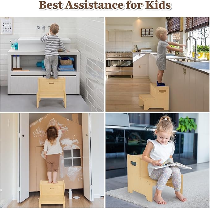 Step Stool for Kids, Wooden Toddler Step Stool for Bathroom Sink with Safety Anti-Slip Mat and Strip, Assembly Easily, Sturdy Kid Step Stool for Brushing Teeth, Kitchen, Toilet Potty Training
