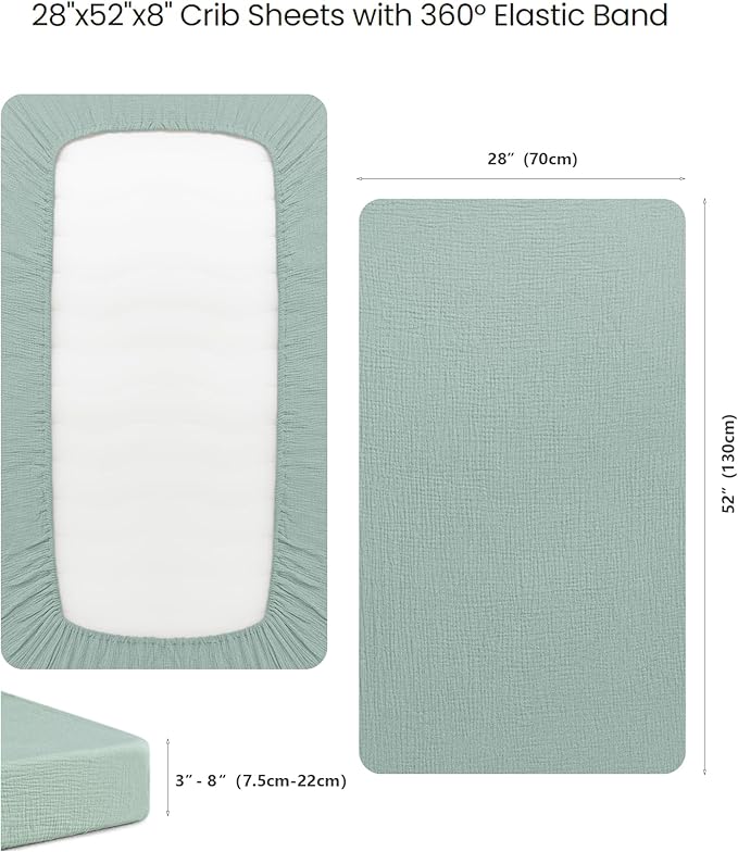 Konssy Muslin Fitted Crib Sheets 100% Cotton Baby Crib Sheets for Standard Crib Mattress (28 X 52 Inches), Soft and Breathable for Boy, Girl (Light Green)